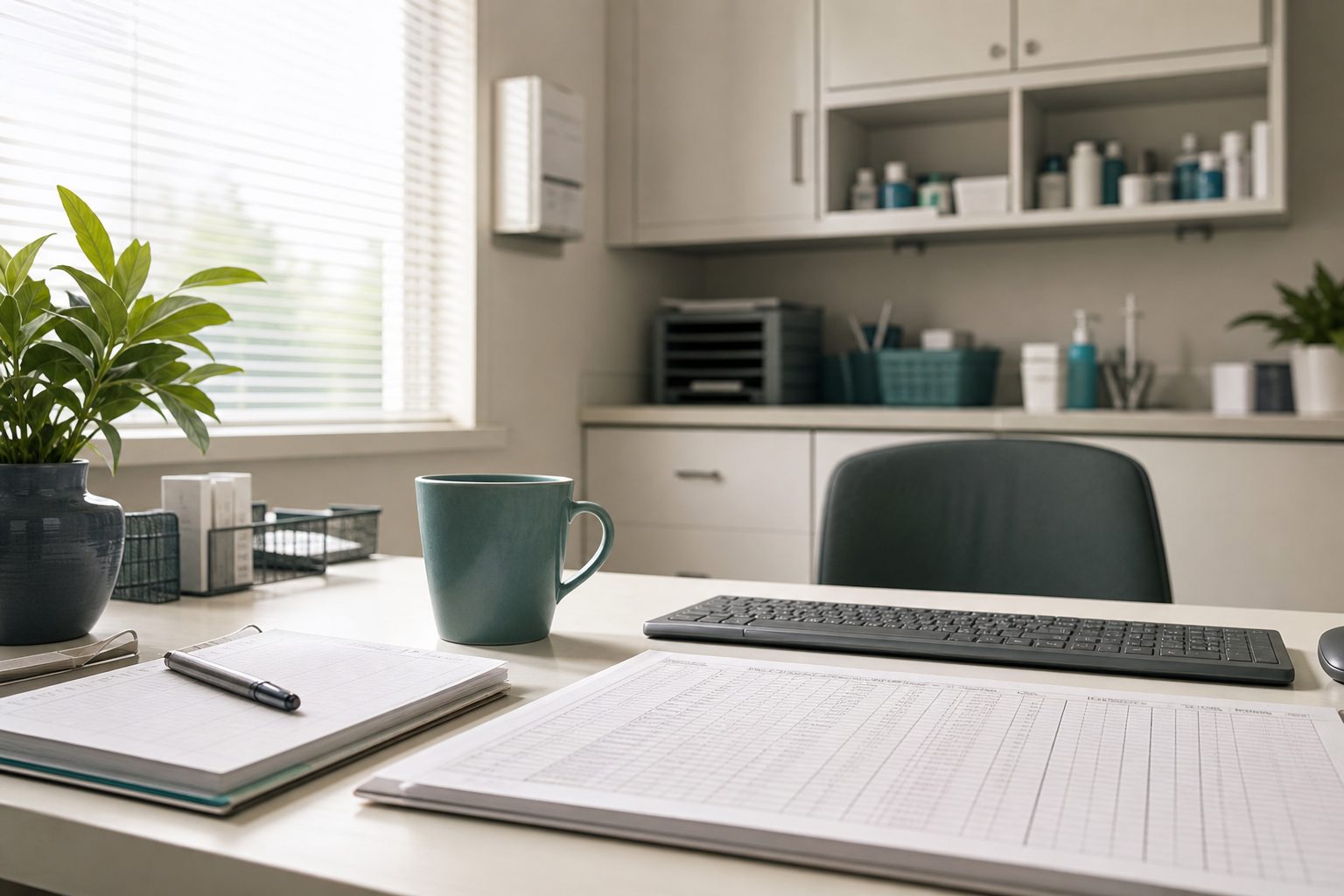 Bone white clinic back office desk with a printed appointment ledger, slate keyboard and a teal mug in morning light