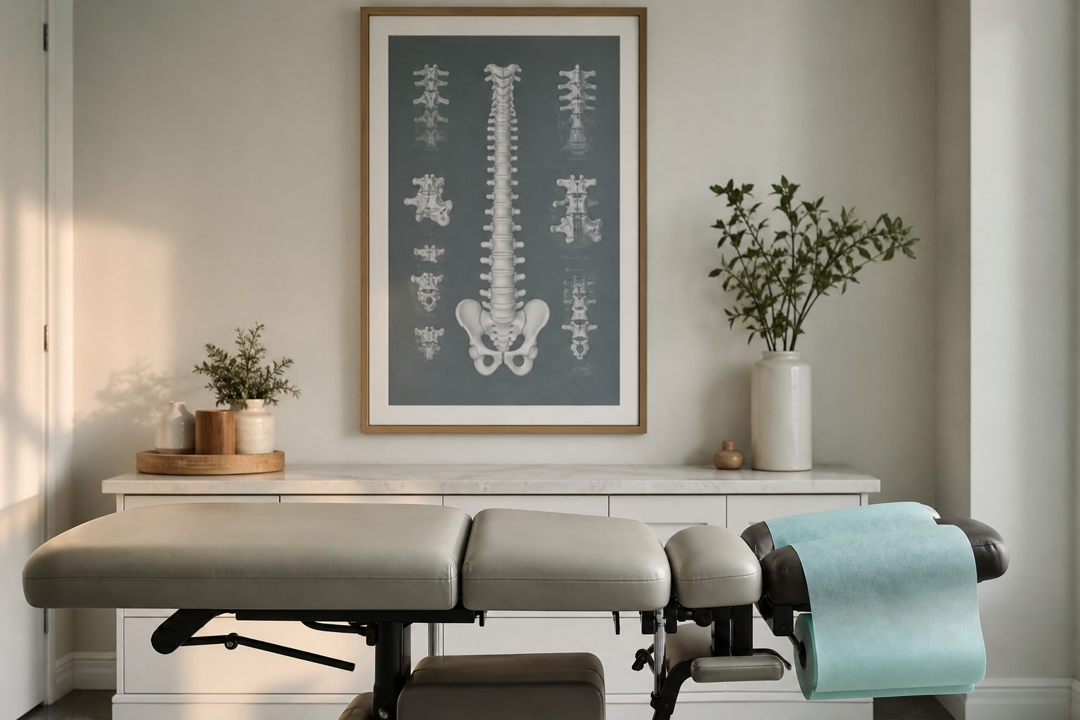 Empty chiropractic adjusting table with teal face paper in a quiet bone white room under late afternoon light