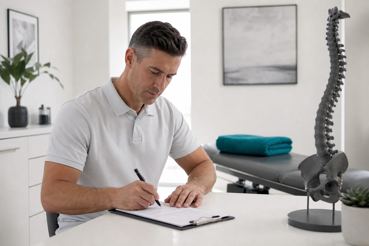 Chiropractor writing a care plan on a clipboard beside a slate spine model in a bone white treatment room