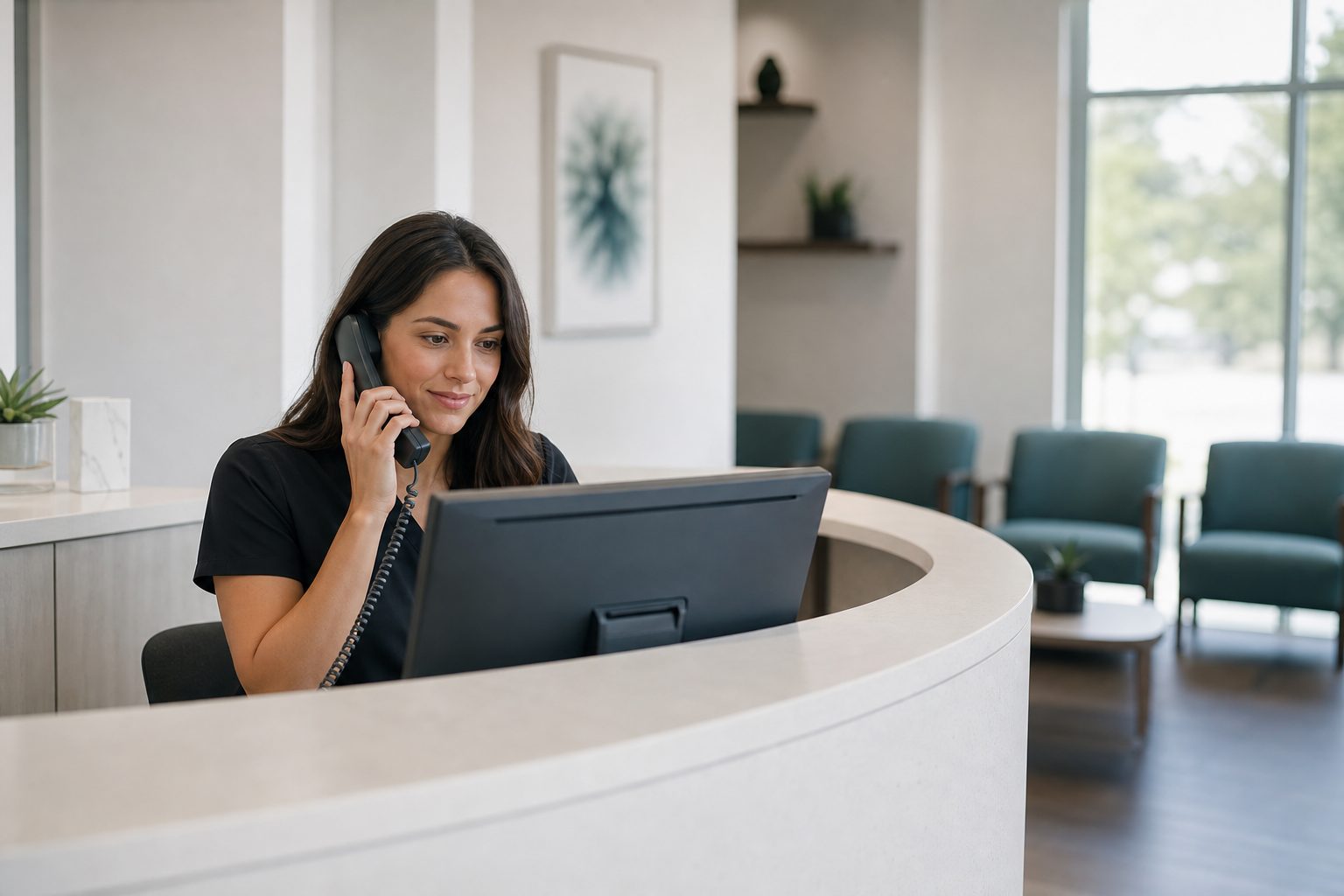 Front desk coordinator on the phone at a bone white chiropractic reception desk with teal waiting chairs behind