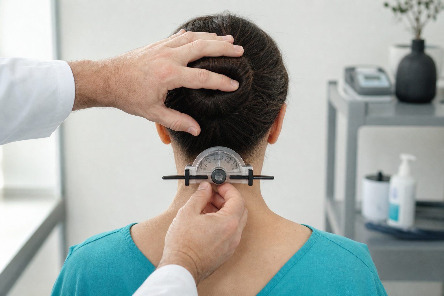 Clinician measuring a seated patient's neck range of motion with an inclinometer in a bone white exam room