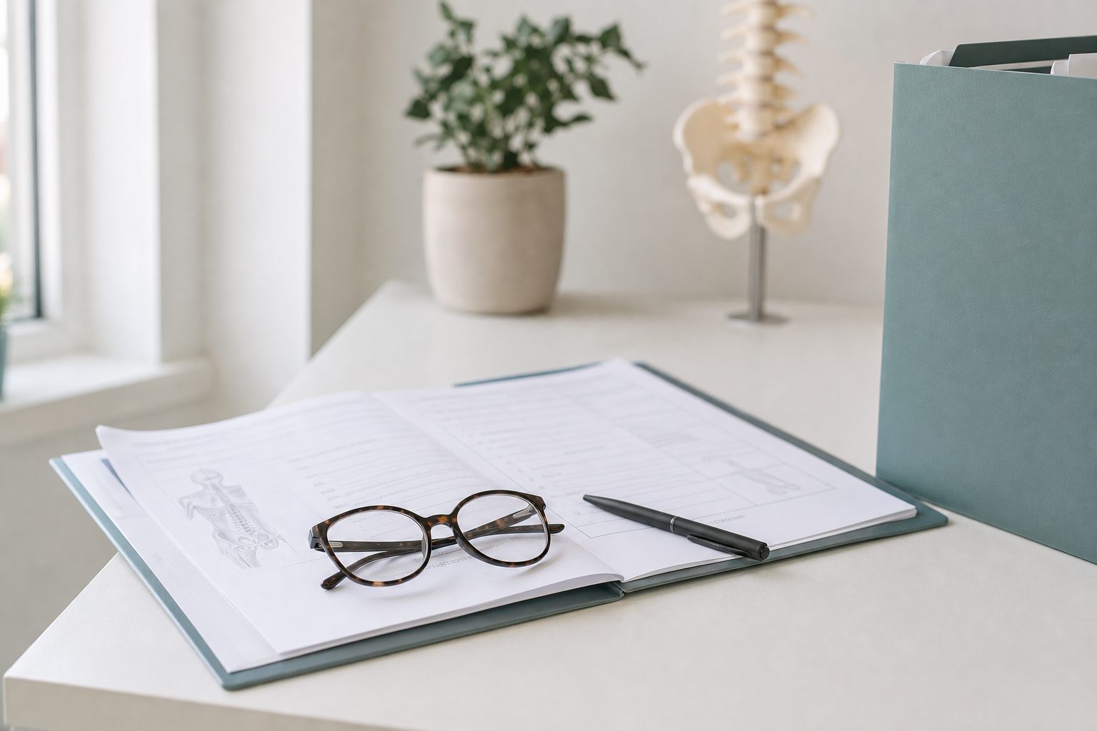 Open paper patient chart, glasses and a teal file divider on a bone white desk in soft even office daylight