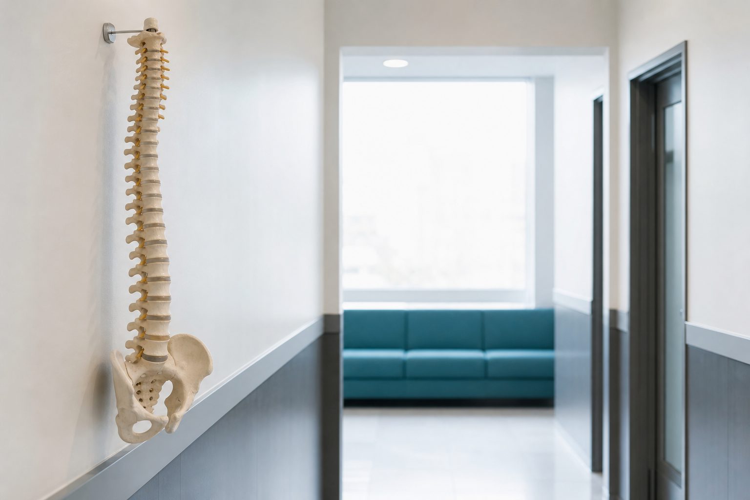 Anatomical spine model on a bone white clinic wall with a teal waiting bench blurred in the background