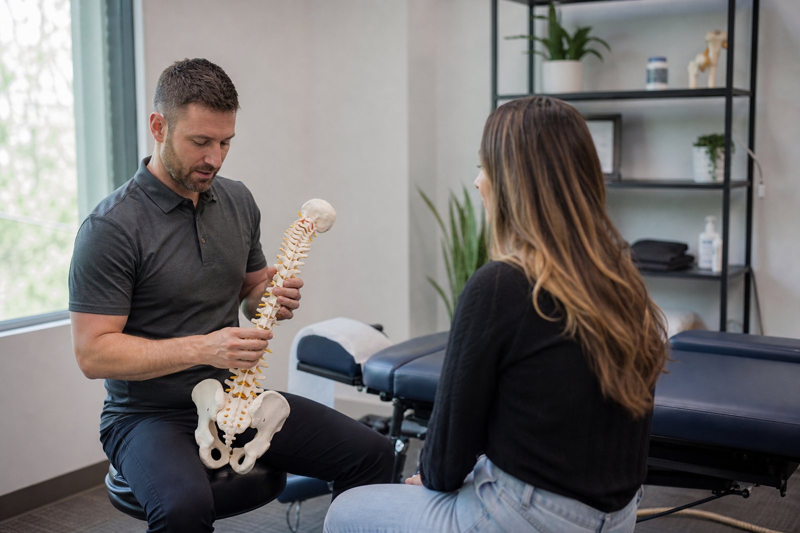 A chiropractor discussing a printed treatment plan with a seated patient beside an adjustment table in a sunlit clinic