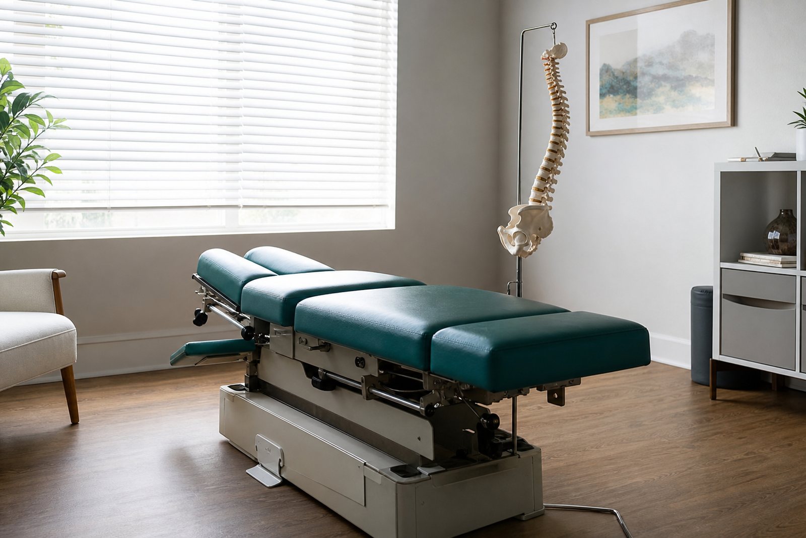 A quiet chiropractic treatment room with an adjustment table and an anatomical spine model lit by daylight through blinds